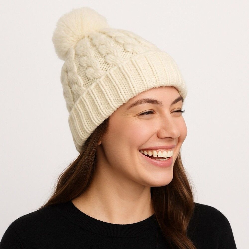 Timberland Cream Knit Pom Beanie One Size Cozy Winter